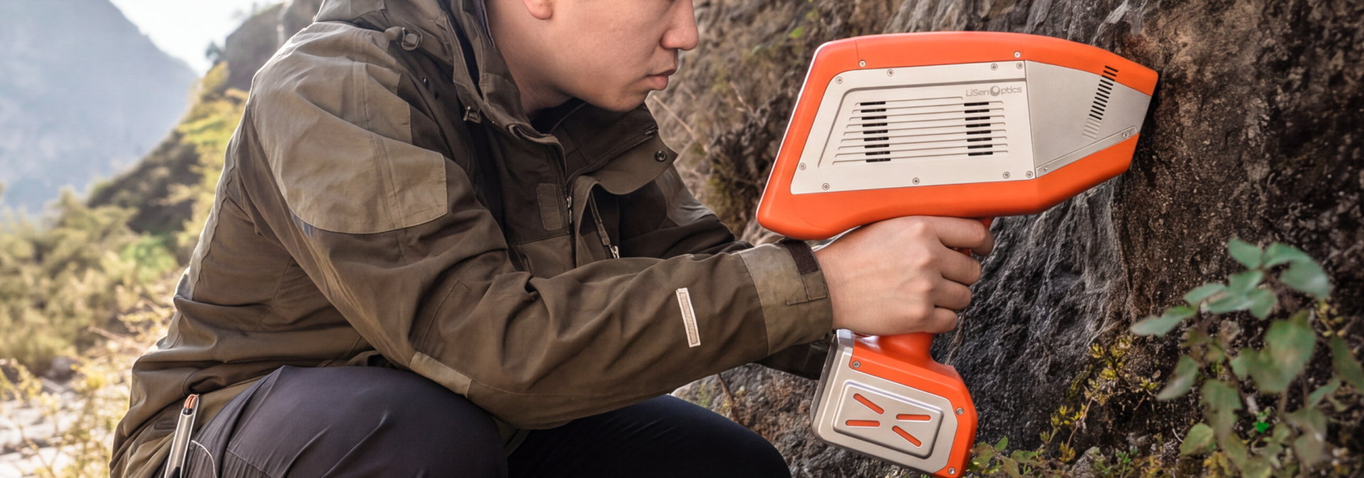 Specialist using an orange field spectrometer during a geologic survey