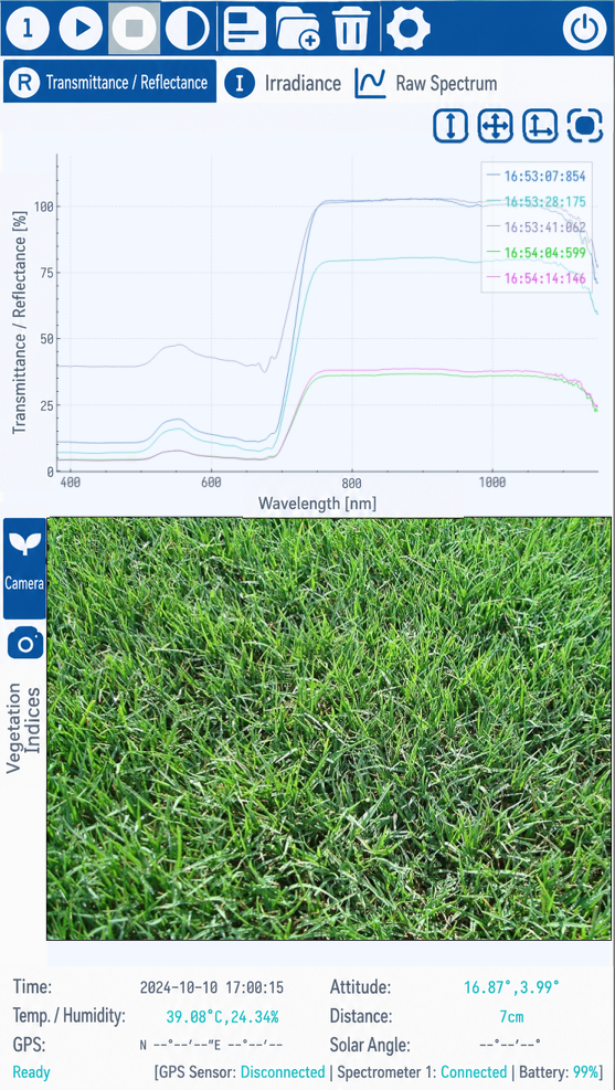 English iSpecField embedded software showing reflectance spectra and field camera data