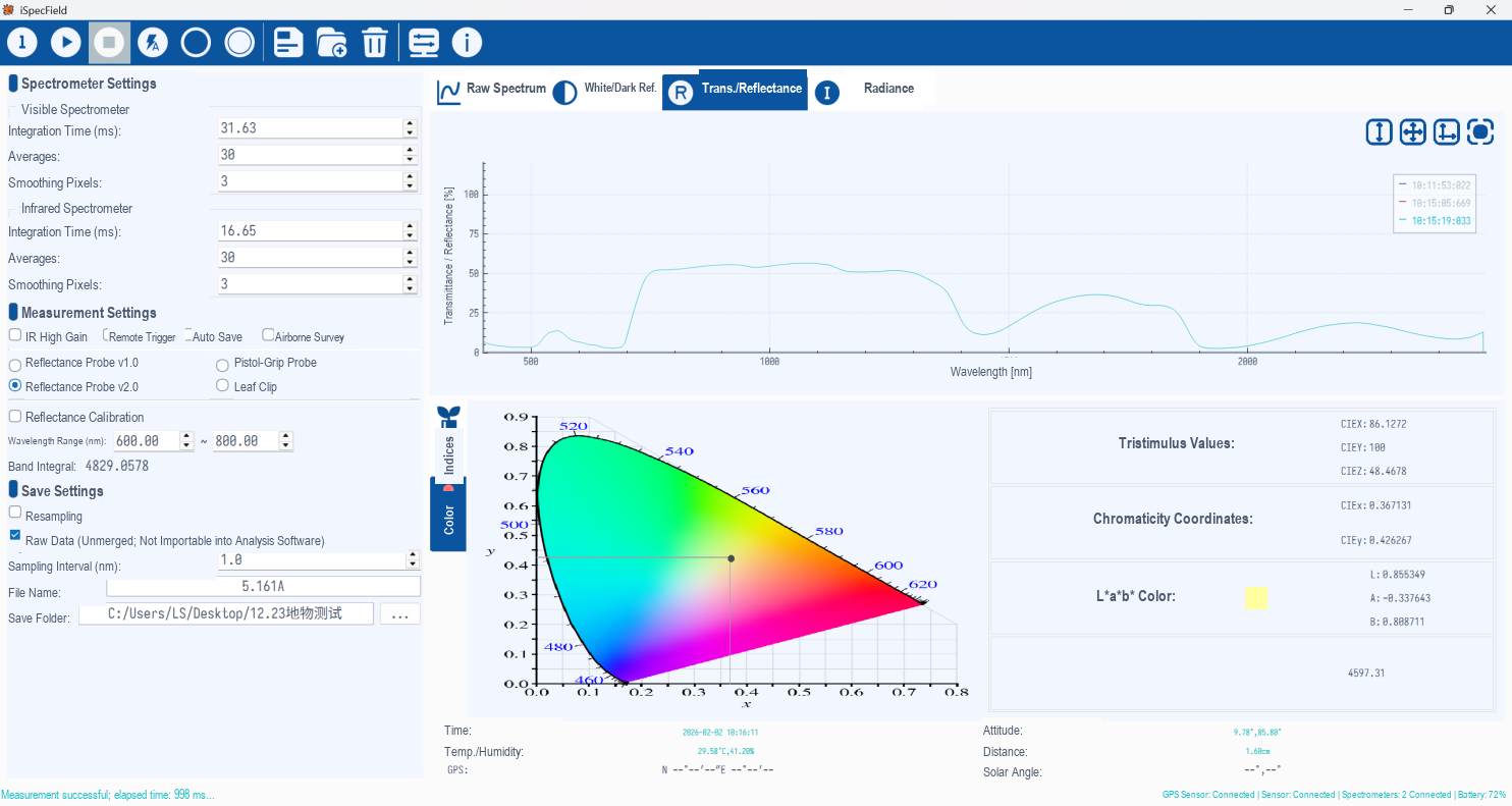 English iSpecField spectral acquisition software showing reflectance and color analysis