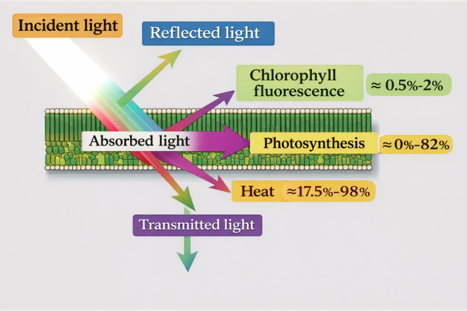 Solar energy partitioning into reflected light, photosynthesis, chlorophyll fluorescence, heat, and transmitted light